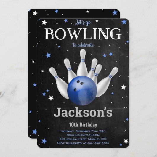 Editable Boy Bowling Einladung (Vorne/Hinten)