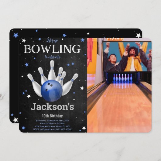 Editable Boy Bowling Foto Einladung (Vorne/Hinten)