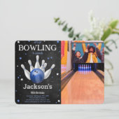 Editable Boy Bowling Foto Einladung (Stehend Vorderseite)