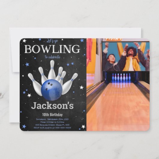 Editable Boy Bowling Foto Einladung (Vorderseite)
