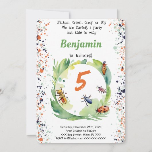 Editable Boy Bug Birthday Party Einladung (Vorderseite)