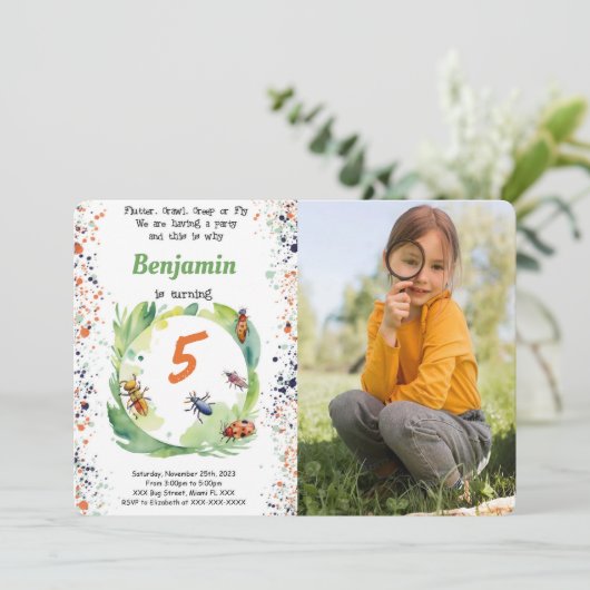 Editable Boy Bug Birthday Party Foto Einladung (Stehend Vorderseite)