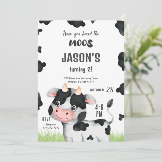 Editable Boy Cow Birthday Einladung (Stehend Vorderseite)