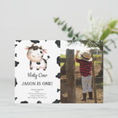 Editable Boy Cow Geburtstag Foto Einladung (Stehend Vorderseite)