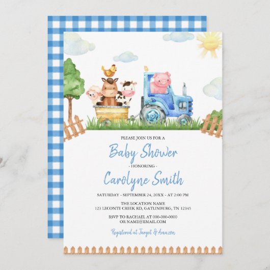 Editable Boy Farm Animals Kinderdusche Einladung (Vorne/Hinten)