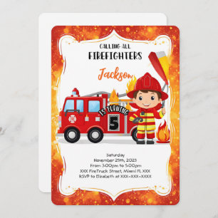 Editable Boy Fire Truck Birthday Einladung