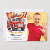 Editable Boy Fire Truck Birthday Foto Einladung (Vorderseite)