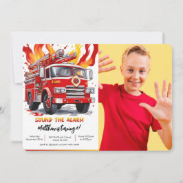 Editable Boy Fire Truck Birthday Foto Einladung