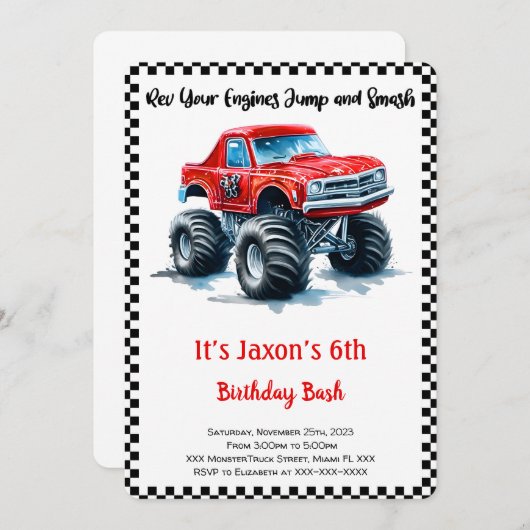 Editable Boy Monster Truck Geburtstag Einladung (Vorne/Hinten)