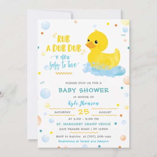 Editable Boy Rubber Duck Baby Duck Einladung (Vorderseite)