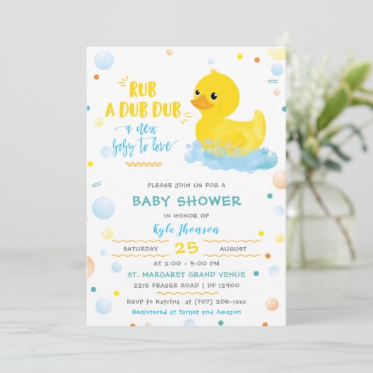 Editable Boy Rubber Duck Baby Duck Einladung (Stehend Vorderseite)