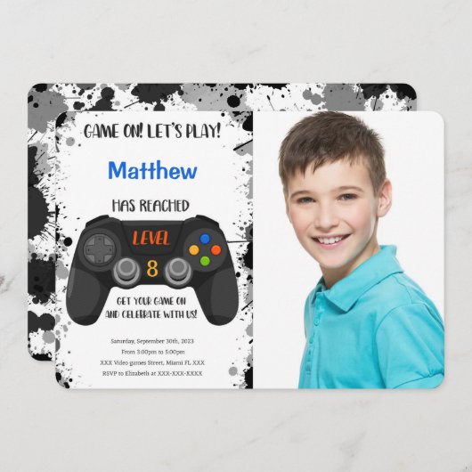 Editable Boy Video Game Birthday Foto Einladung (Vorne/Hinten)
