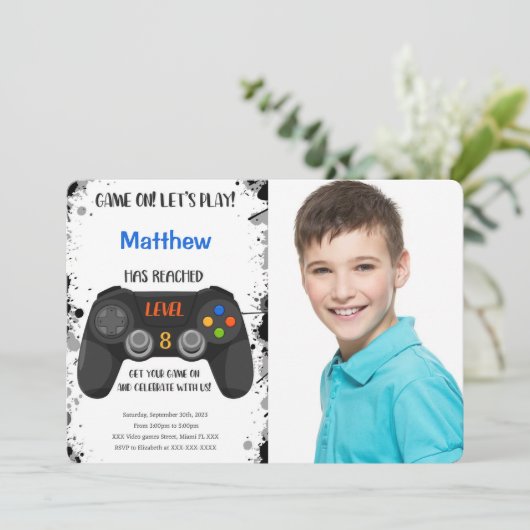 Editable Boy Video Game Birthday Foto Einladung (Stehend Vorderseite)