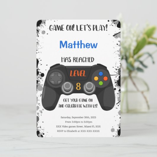 Editable Boy Video Game Geburtstag Einladung (Stehend Vorderseite)