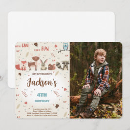 Editable Boy Woodland Geburtstags Foto Einladung
