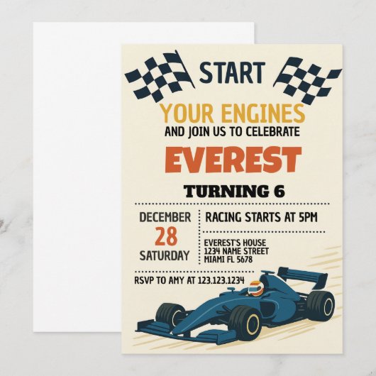Editable Boys Racing Party Einladung mit Checkered (Vorne/Hinten)