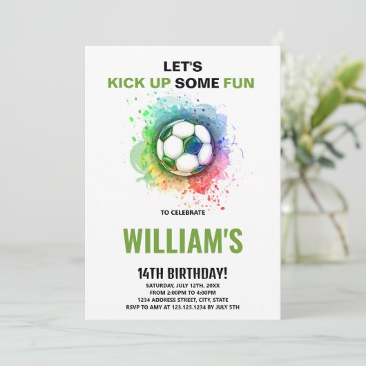Editable Boys Sports Party Card mit Ball & Goal Einladung (Stehend Vorderseite)