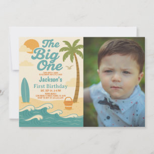 Editable Boy's The Big One Surfing 1. Geburtstag Einladung