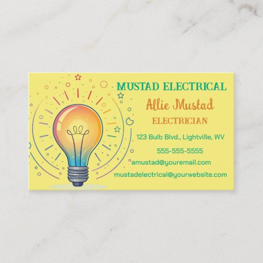 Editable Bright Lightbulle Electrician Visitenkarte (Vorderseite)