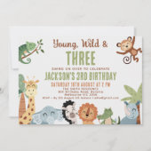 Editable Brown Green Young Wild Three 3rd Birthday Einladung (Vorderseite)