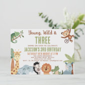 Editable Brown Green Young Wild Three 3rd Birthday Einladung (Stehend Vorderseite)