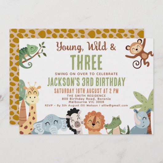 Editable Brown Green Young Wild Three 3rd Birthday Einladung (Vorne/Hinten)