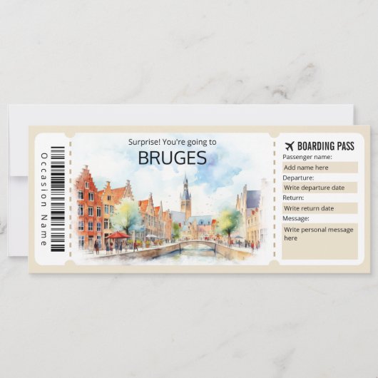 Editable Brügge Flugzeug Ticket, Belgien Trip Einladung (Vorderseite)