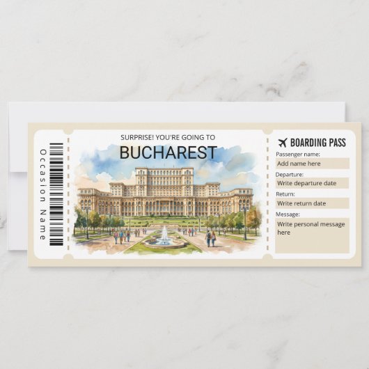 Editable Bucharest Plane Boarding Pass Ticket Einladung (Vorderseite)