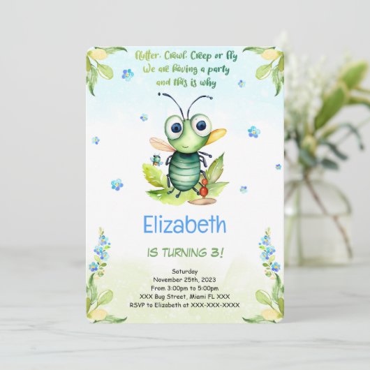 Editable Bug Birthday Einladung (Stehend Vorderseite)