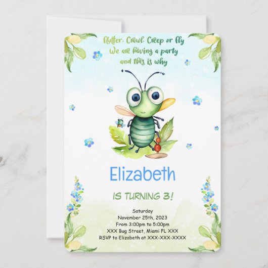 Editable Bug Birthday Einladung (Vorderseite)