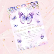Editable butterfly birthday invitation purple