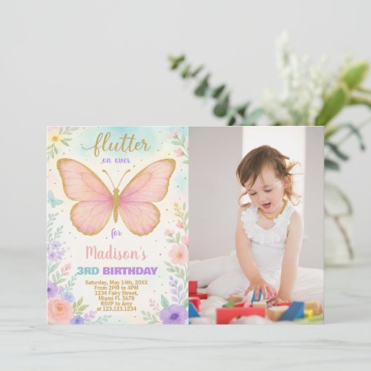 Editable Butterfly Geburtstag Einladung mit Foto (Stehend Vorderseite)