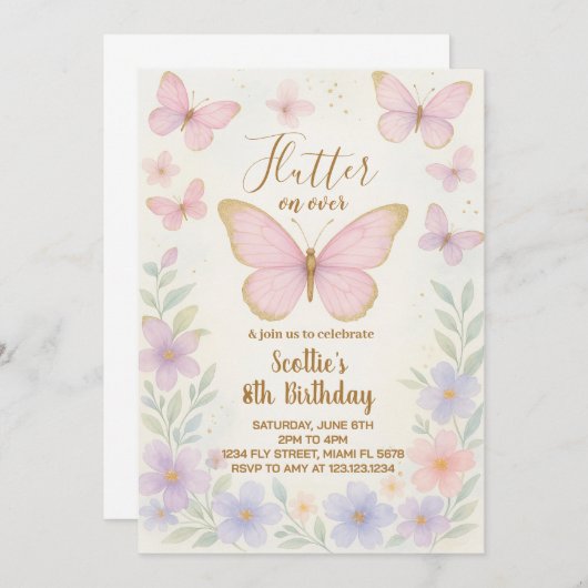 Editable Butterfly Geburtstagsparty Einladung (Vorne/Hinten)
