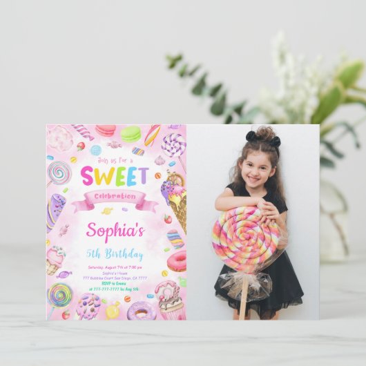 Editable Candy Birthday Foto Einladung (Stehend Vorderseite)
