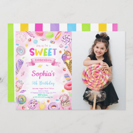 Editable Candy Birthday Foto Einladung (Vorne/Hinten)