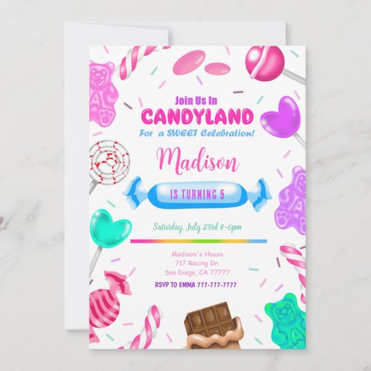 Editable Candy land Birthday Einladung (Vorderseite)