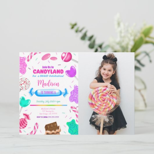 Editable Candy Land Birthday Foto Einladung (Stehend Vorderseite)