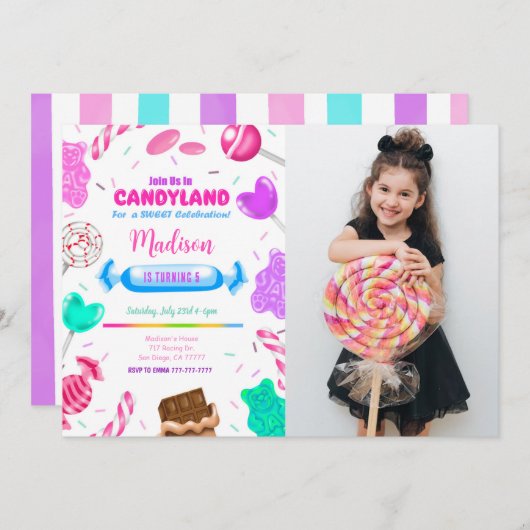 Editable Candy Land Birthday Foto Einladung (Vorne/Hinten)