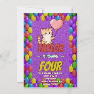 Editable Cat-Themed Birthday Einladungs-Ballons Einladung