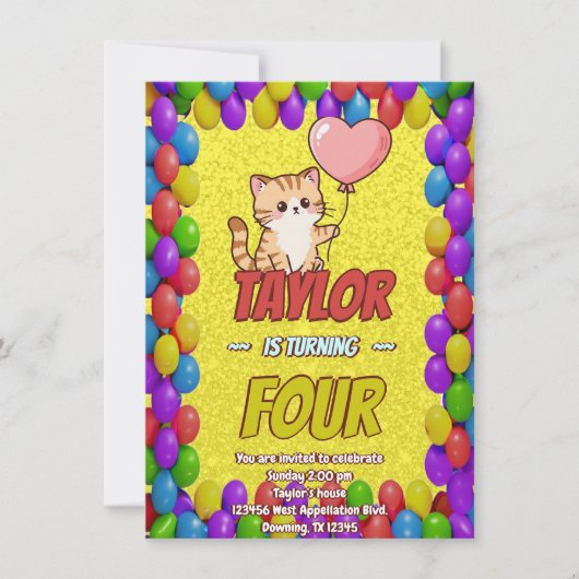 Editable Cat-Themed Birthday Invitation Balloon Einladung (Vorderseite)