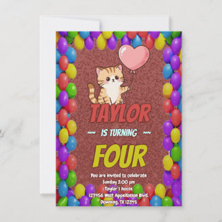 Editable Cat-Themed Birthday Invitation Balloon Einladung