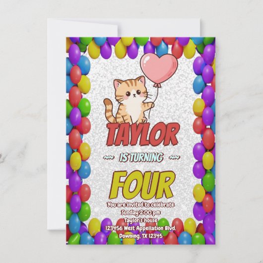 Editable Cat-Themed Birthday Invitation Balloons Einladung (Vorderseite)
