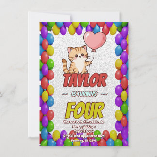 Editable Cat-Themed Birthday Invitation Balloons Einladung