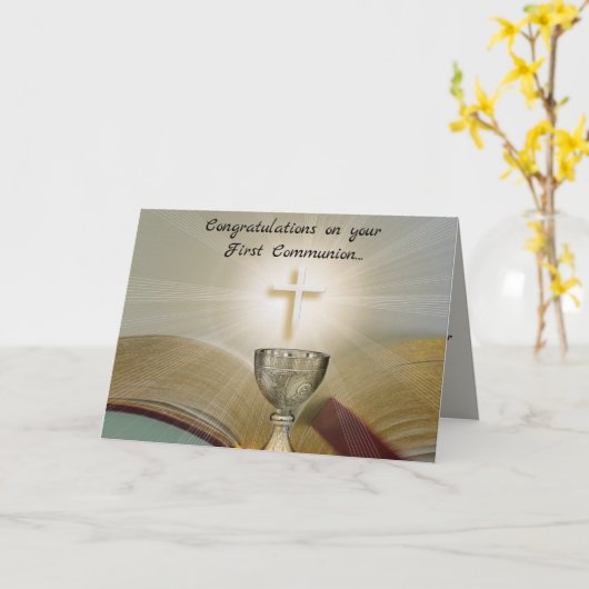 Editable Chalice und Cross First Communation Karte (Gelbe Blume)