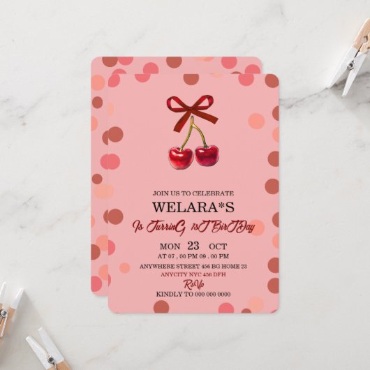 Editable Cherry 1st Birthday Birthday Invitation T Einladung (Vorderseite/Rückseite Beispiel)