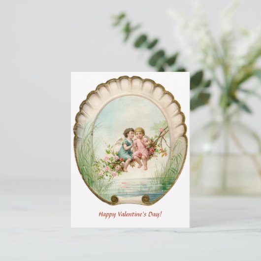Editable Cherubs auf einem Zweig der Rose Valentin Postkarte (Stehend Vorderseite)