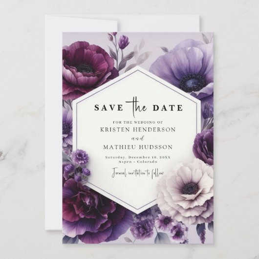 Editable Chic Lila Floral Wedding Save The Date (Vorderseite)