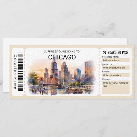 Editable Chicago Trip Boarding Pass Ticket Einladung (Vorne/Hinten)