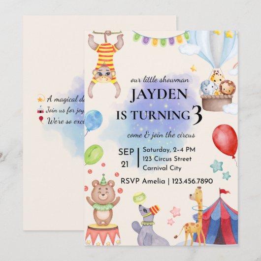 Editable Circus Birthday Invitation Einladung (Vorne/Hinten)