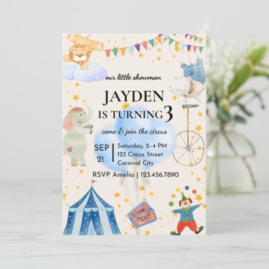 Editable Circus Birthday Invitation for Boys&Girls Einladung (Stehend Vorderseite)